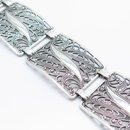 925 Sterling Silver Vintage Filigree Panel Link Bracelet 7"