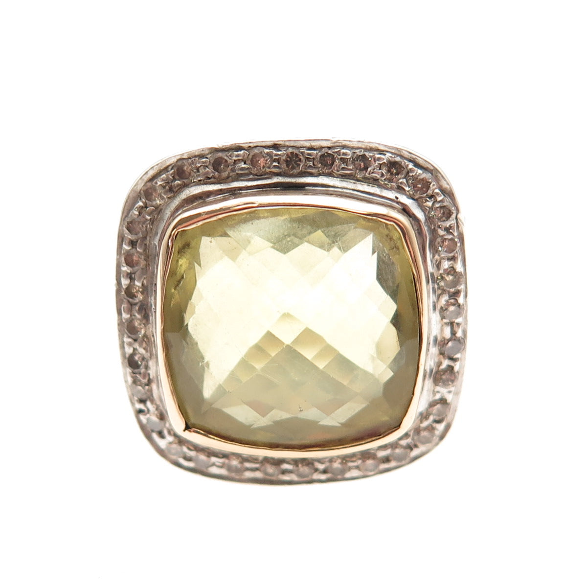 925 Sterling 14K Gold Vintage 1992 Real Diamond & Lemon Quartz Ring Size 7.5