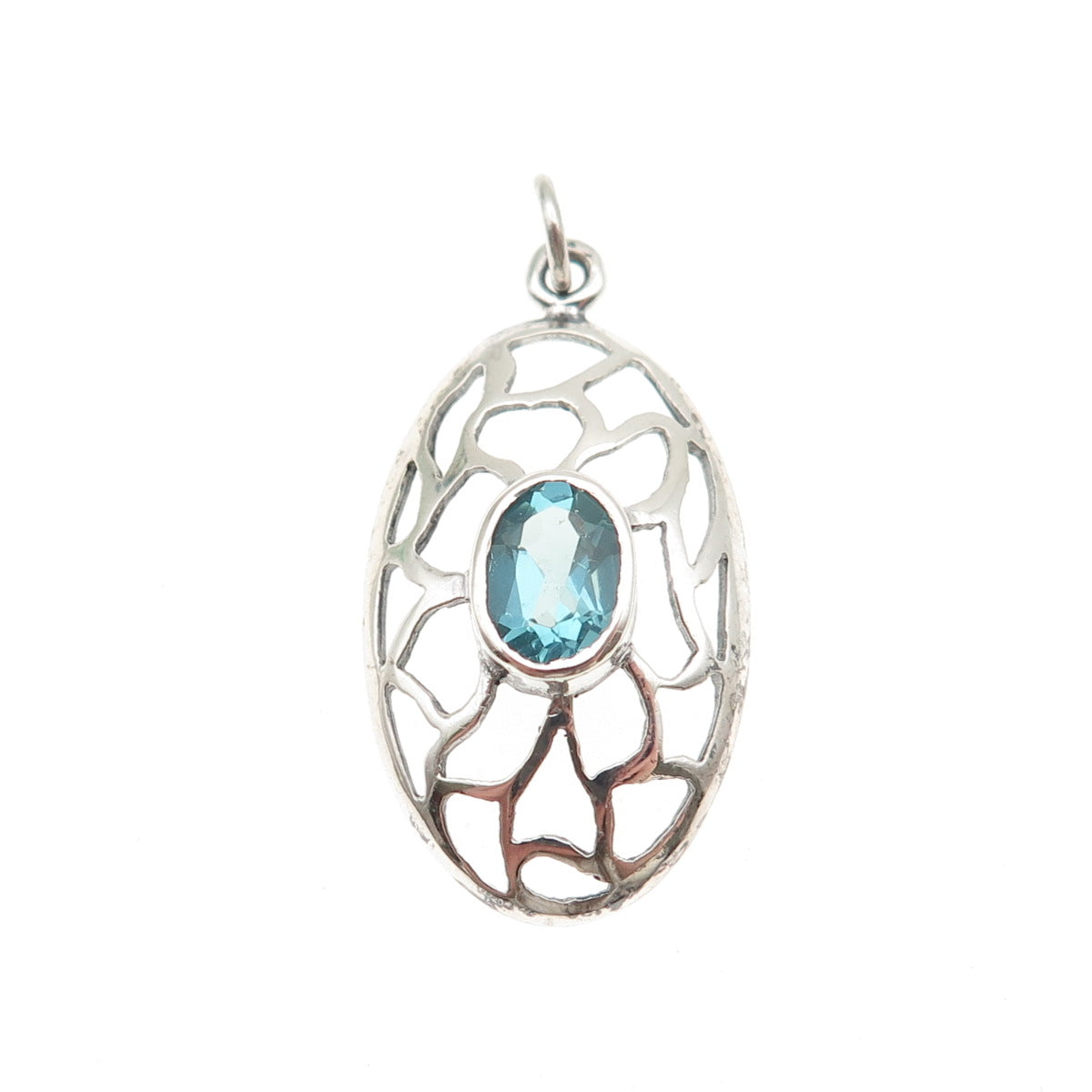 925 Sterling Silver Vintage Real Oval-Cut Blue Topaz Ornate Charm Pendant