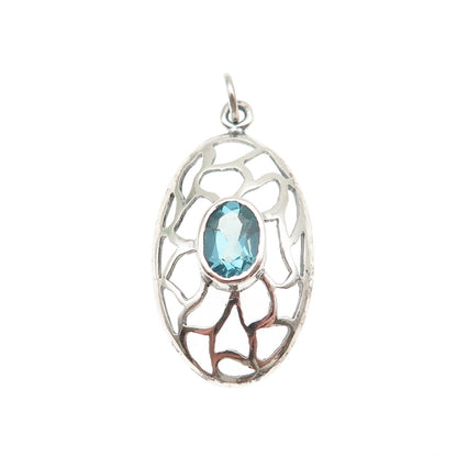 925 Sterling Silver Vintage Real Oval-Cut Blue Topaz Ornate Charm Pendant