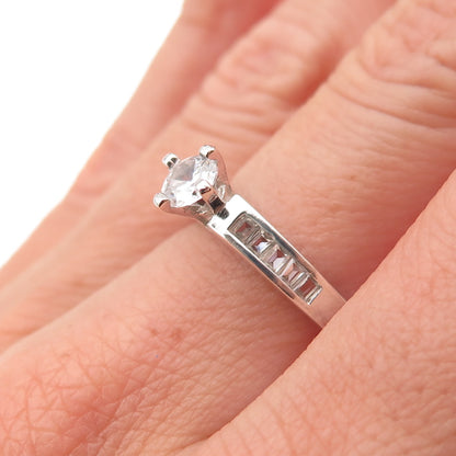 Ken Crafts 925 Sterling Silver Round & Emerald-Cut C Z Engagement Ring Size 7