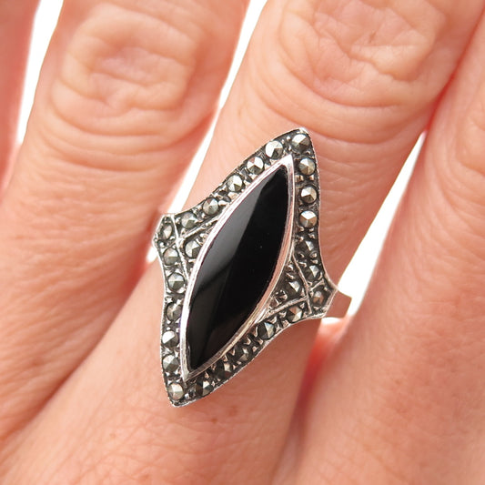 925 Sterling Silver Vintage Real Black Onyx & Marcasite Oxidized Ring Size 6.75