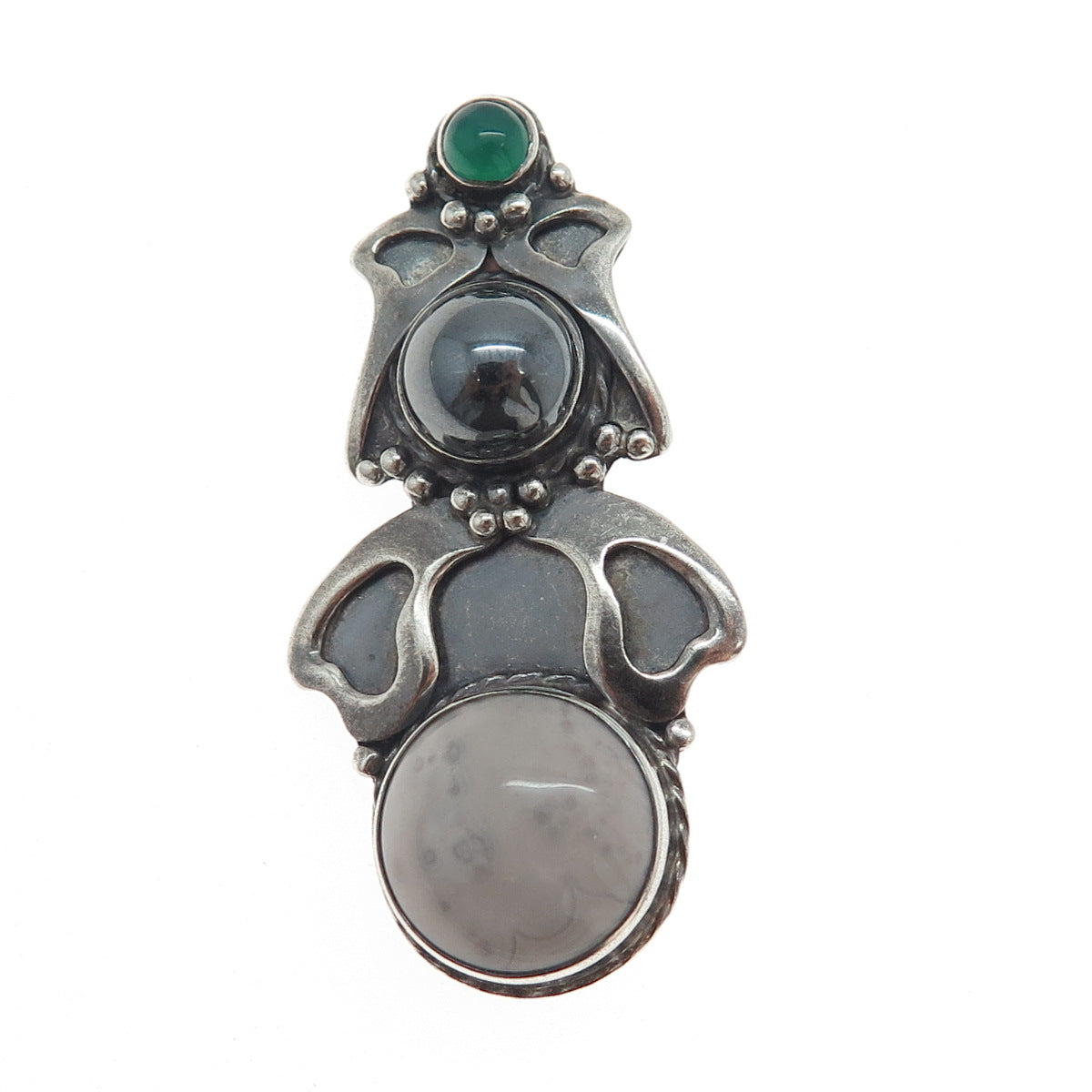I. HEMME 925 Sterling Silver Vintage Jasper Hematite Chalcedony Oxidized Brooch