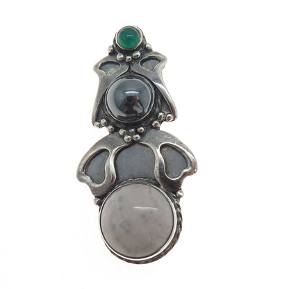 I. HEMME 925 Sterling Silver Vintage Jasper Hematite Chalcedony Oxidized Brooch