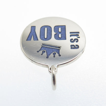 925 Sterling Silver Purple Enamel "It's a Boy" Round Minimalist Charm Pendant