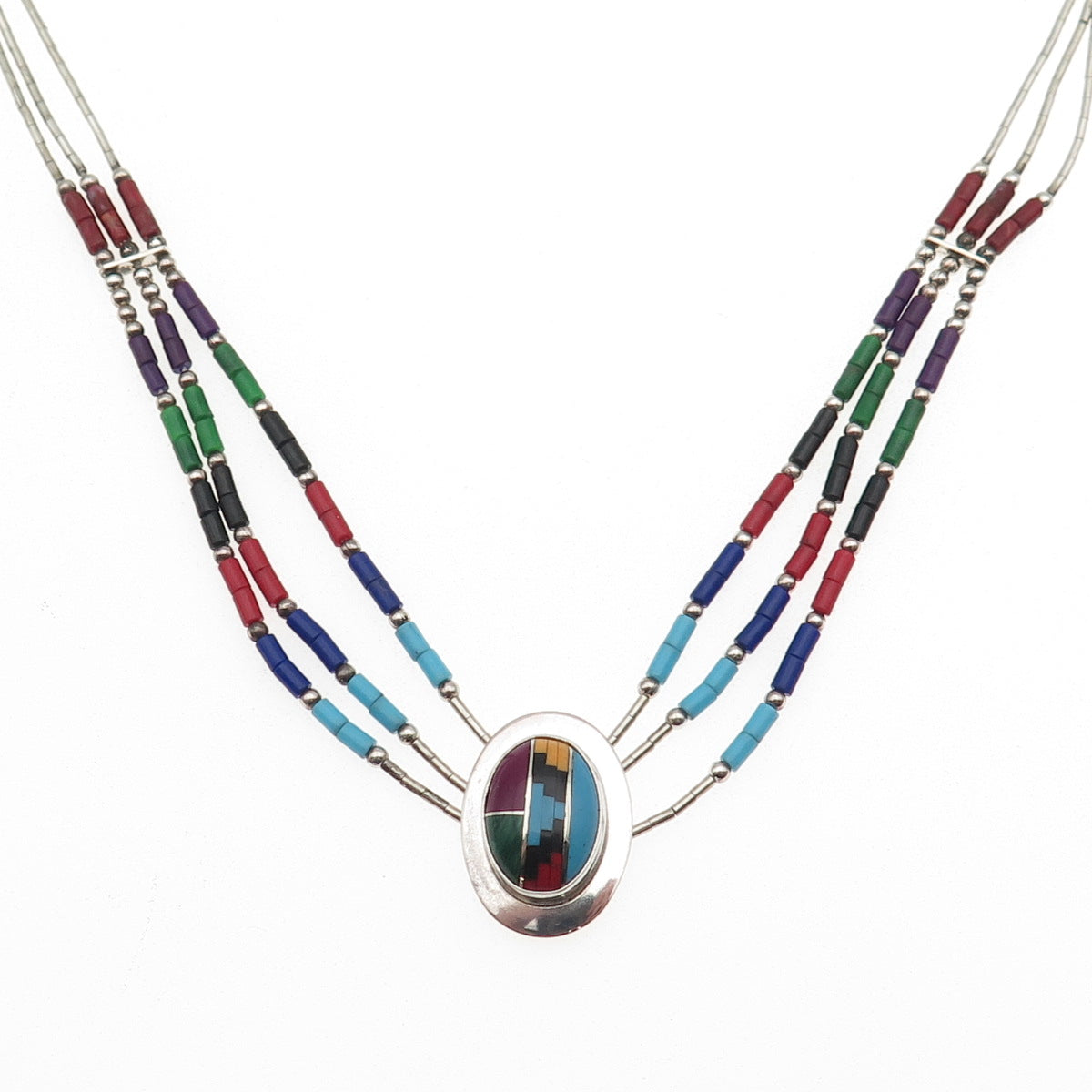 Old Pawn 925 Sterling Silver Vintage Multi-Gem 3-Strand Chain Necklace 16-18"