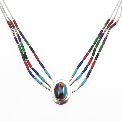 Old Pawn 925 Sterling Silver Vintage Multi-Gem 3-Strand Chain Necklace 16-18"
