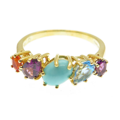 925 Sterling Silver Gold Plated Turquoise Topaz Amethyst & Opal Ring Size 9.25