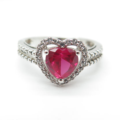 925 Sterling Silver Lab-Created Ruby & Real White Topaz Heart Ring Size 8.25