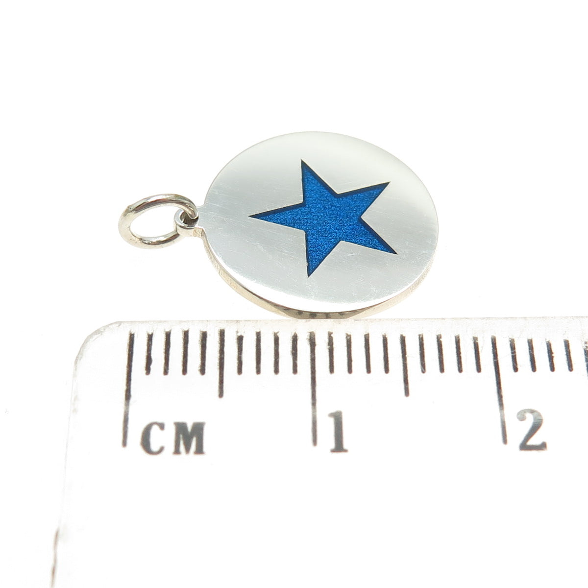 925 Sterling Silver Blue Enamel Star Round Tag Minimalist Charm Pendant