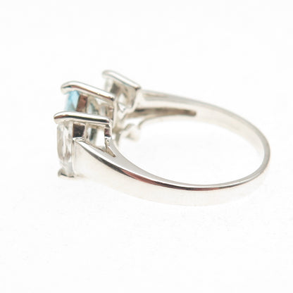 925 Sterling Silver Vintage Real Marquise-Cut Blue & White Topaz Ring Size 7.25