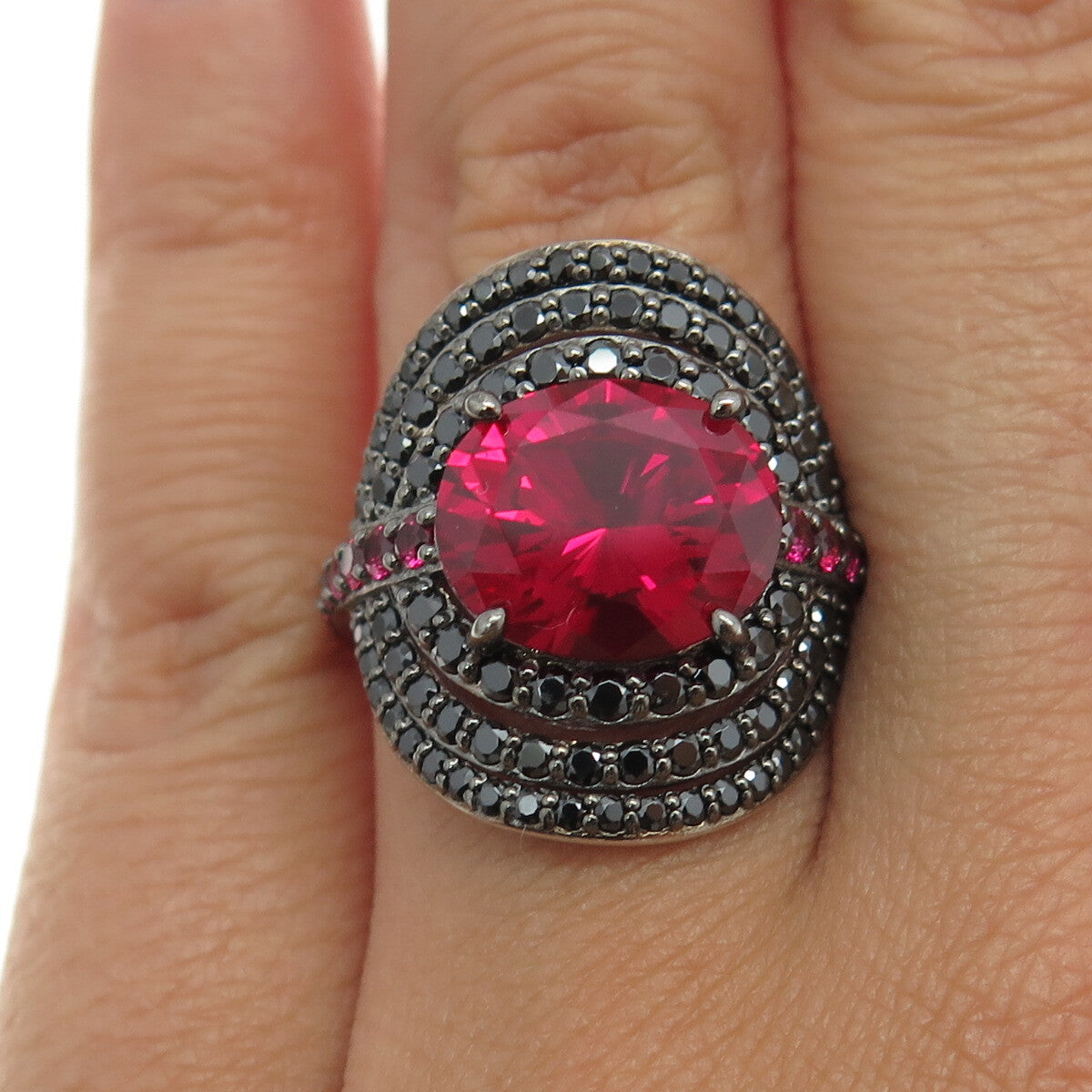 925 Sterling Silver Lab-Created Ruby & Black C Z Multi-Circle Ring Size 6.25