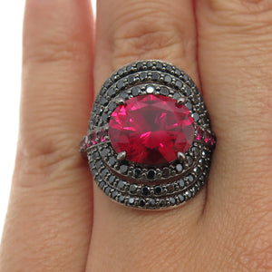 925 Sterling Silver Lab-Created Ruby & Black C Z Multi-Circle Ring Size 6.25