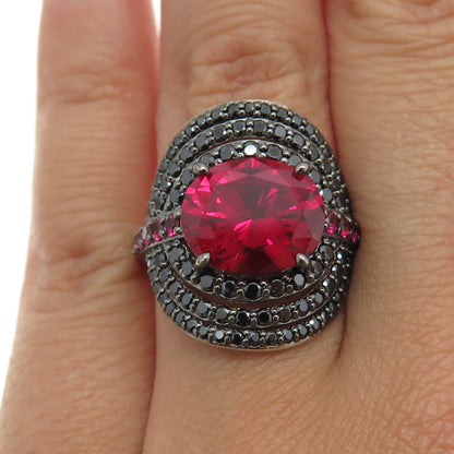 925 Sterling Silver Lab-Created Ruby & Black C Z Multi-Circle Ring Size 6.25