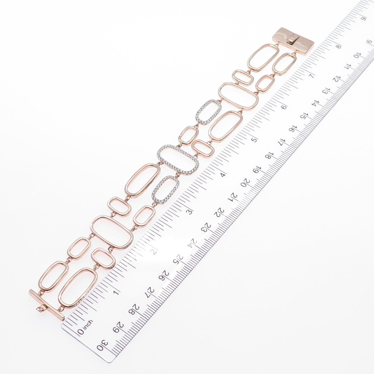 925 Sterling Silver Rose Gold Plated Round-Cut C Z Geometric Bracelet 7.75"