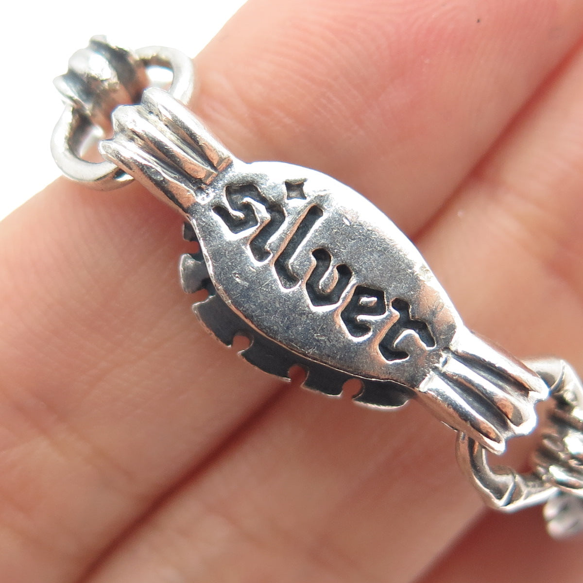 925 Sterling Silver Vintage Fleur de Lis Link Oxidized Bracelet 7.75"