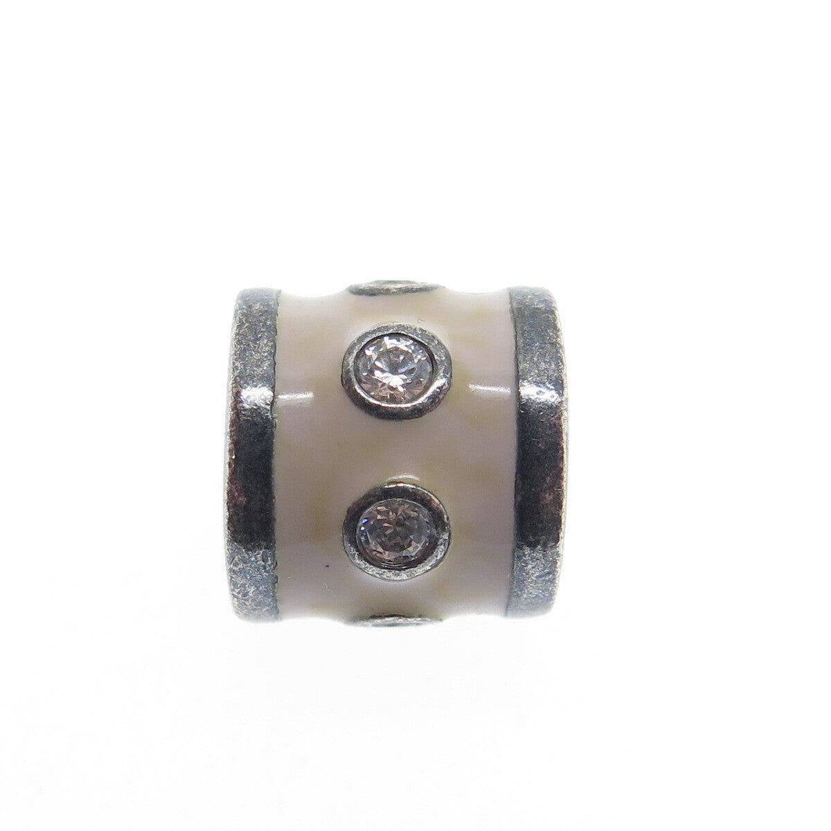 PANDORA 925 Sterling Silver Round-Cut Shaped C Z Cream Enamel Barrel Bead Charm