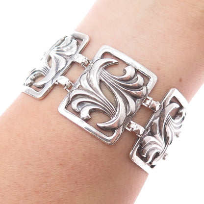 925 Sterling Silver Antique Art Deco Floral Panel Link Oxidized Bracelet 7"