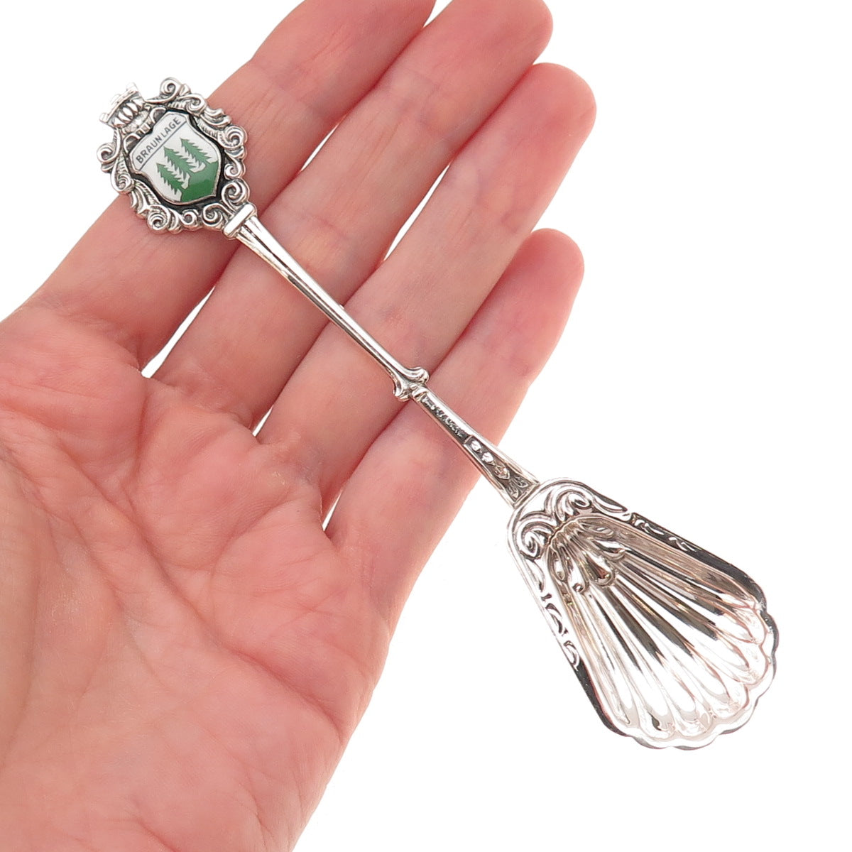 Fritz Reu & Co. 800 Silver Antique Enamel Braunlage Germany Seashell Sugar Spoon