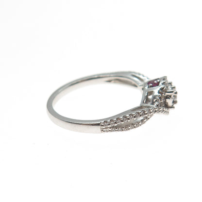 SAI 925 Sterling Silver Real Pink Topaz & Swarovski White Crystal Ring Size 7.25