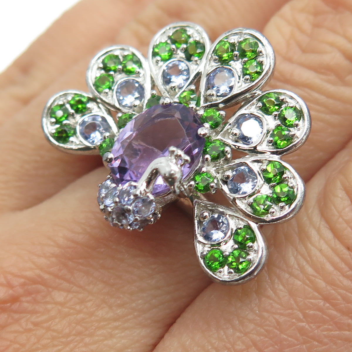 925 Sterling Silver Real Amethyst & Peridot Gemstone Peacock Ring Size 8