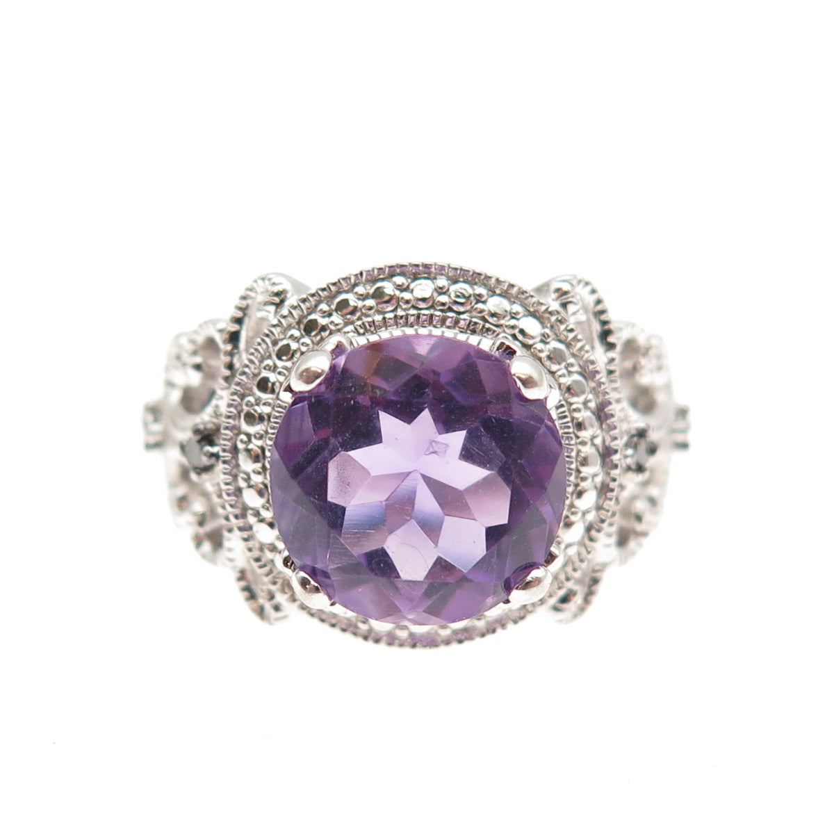925 Sterling Silver Real Round-Cut Diamond Accent & Amethyst Ring Size 6