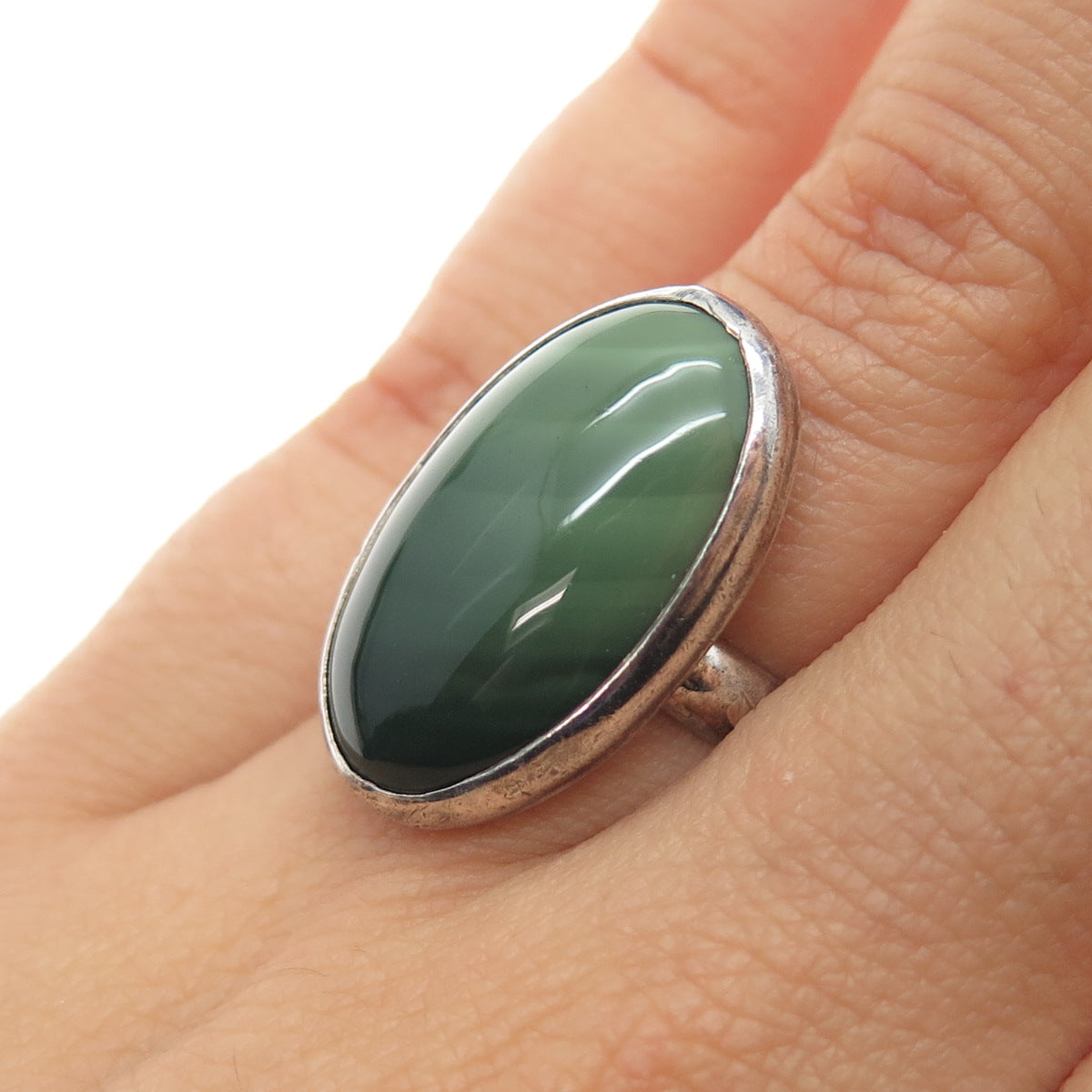 925 Sterling Silver Vintage Real Cabochon Green Agate Modernist Ring Size 6