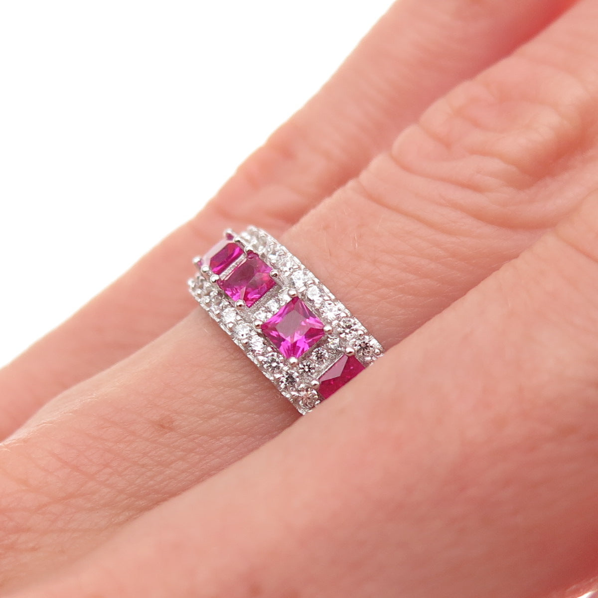 925 Sterling Silver Lab-Created Ruby & C Z All Around Band Ring Size 5.5