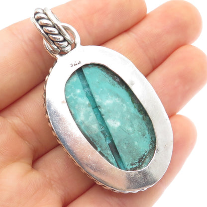 925 Sterling Silver Vintage Real Cabochon Tyrone Turquoise Roped Pendant
