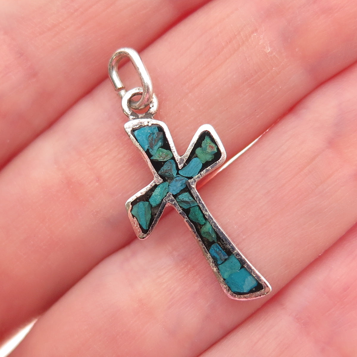 Old Pawn 925 Sterling Silver Vintage Turquoise Inlay Cross Tribal Charm Pendant