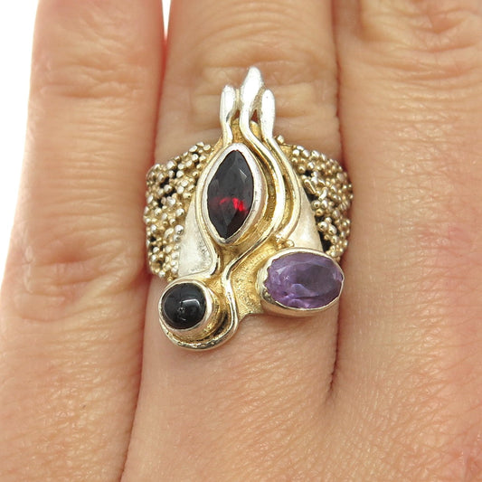 925 Sterling Silver 2-Tone Vintage Real Red Garnet & Amethyst Gem Ring Size 6.5