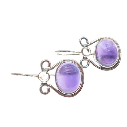 925 Sterling Silver Vintage Real Amethyst Gemstone & Clear Glass Earrings