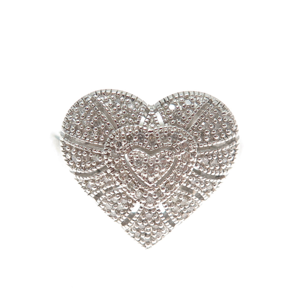 925 Sterling Silver Real Round-Cut Diamond Heart Ring Size 9.25
