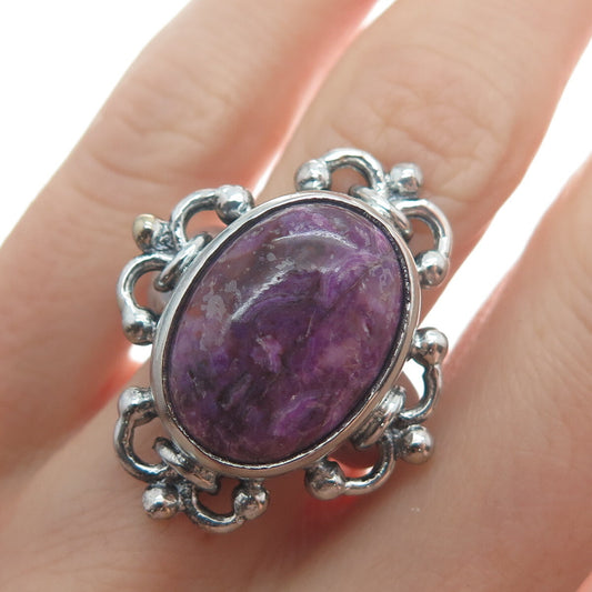 925 Sterling Silver Vintage Real Sugilite Floral Cross Oxidized Ring Size 8.75