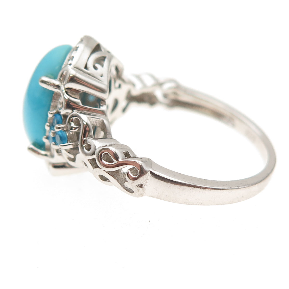 925 Sterling Real Sleeping Beauty Turquoise White Topaz & Apatite Ring Size 9