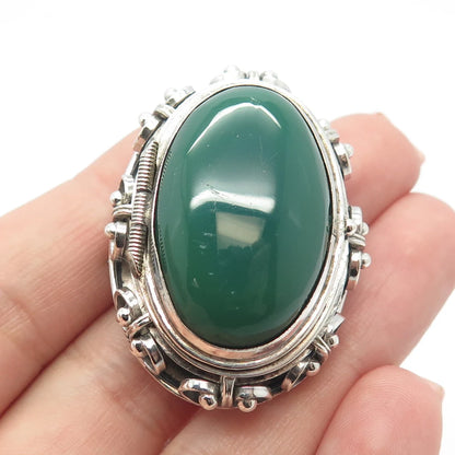 925 Sterling Silver Antique Mexico Real Green Onyx Gem Oval Locket Pin Brooch