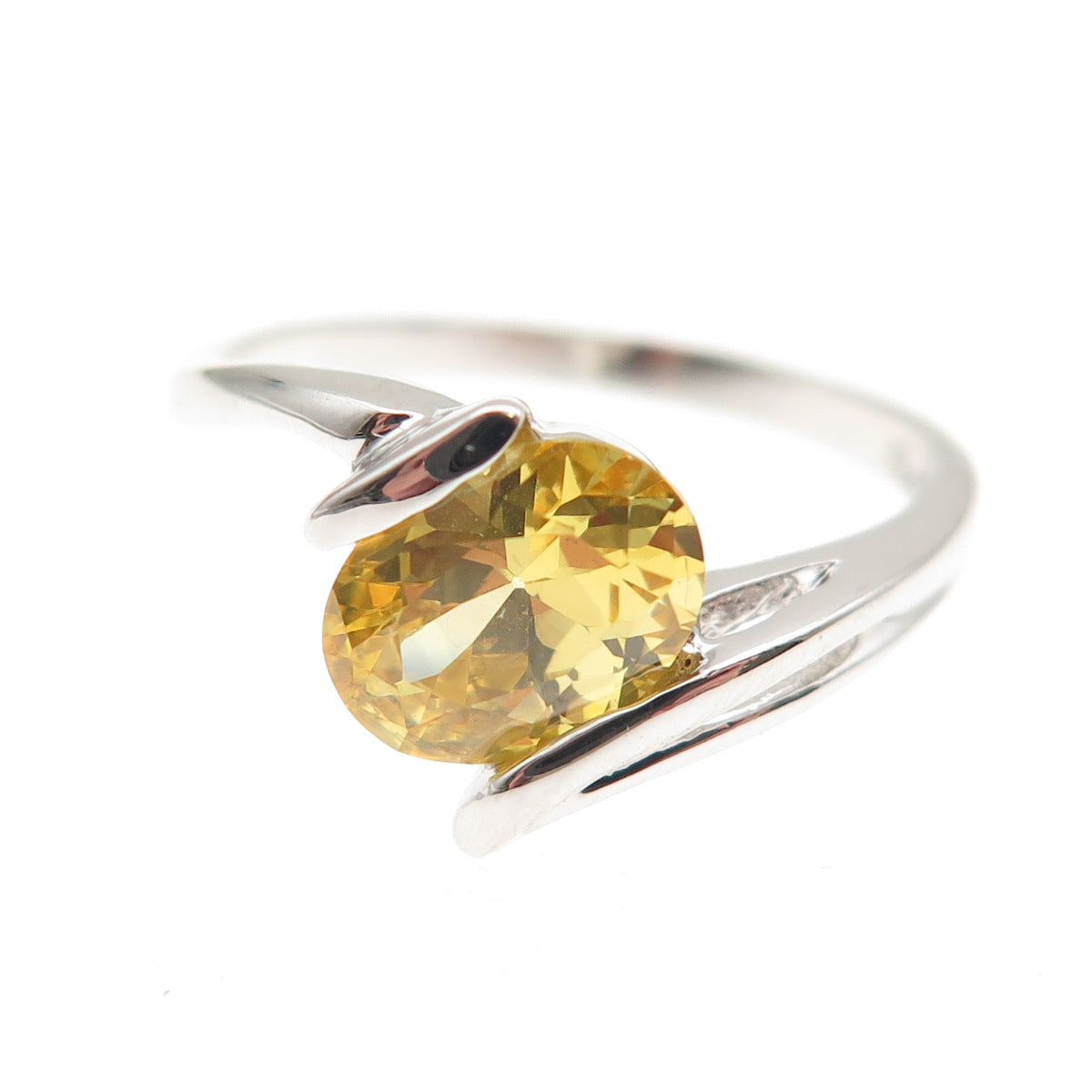 925 Sterling Silver Oval-Cut Canary C Z Bypass Ring Size 6