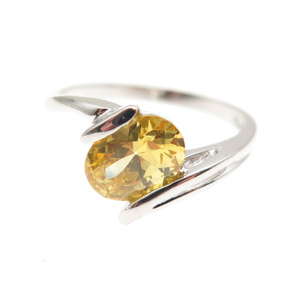925 Sterling Silver Oval-Cut Canary C Z Bypass Ring Size 6