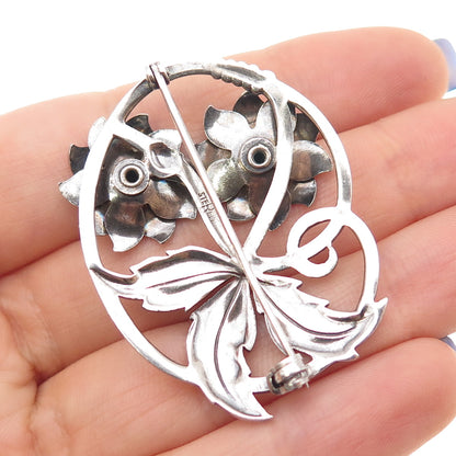 925 Sterling Silver Antique Art Deco Flower Oxidized Pin Brooch