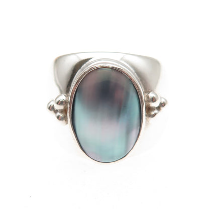 Shube 925 Sterling Silver Vintage Real Pearl Modernist Oxidized Ring Size 7