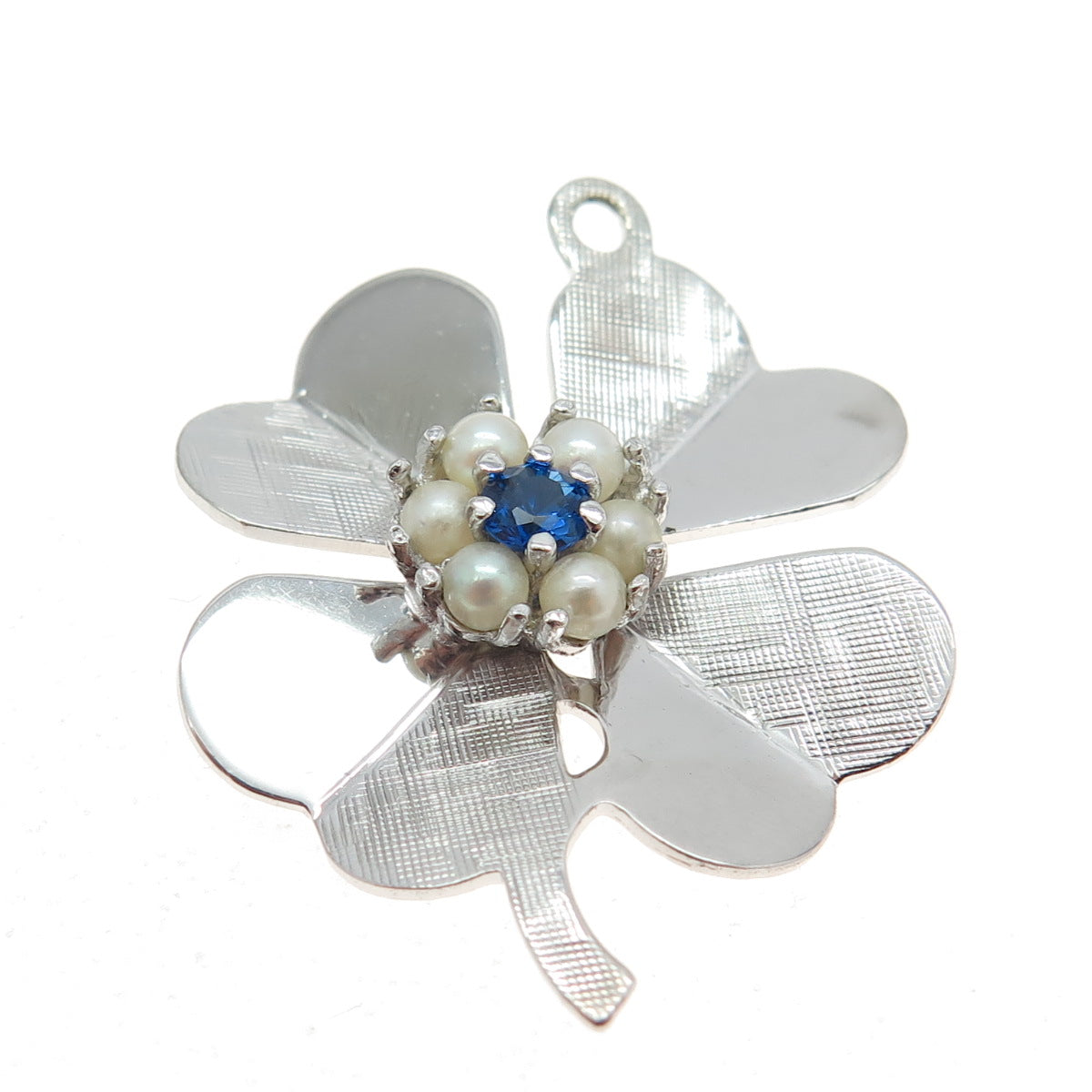 CROWN SILVER Sterling Vintage Real Pearl & Lab-Created Sapphire Clover Pendant