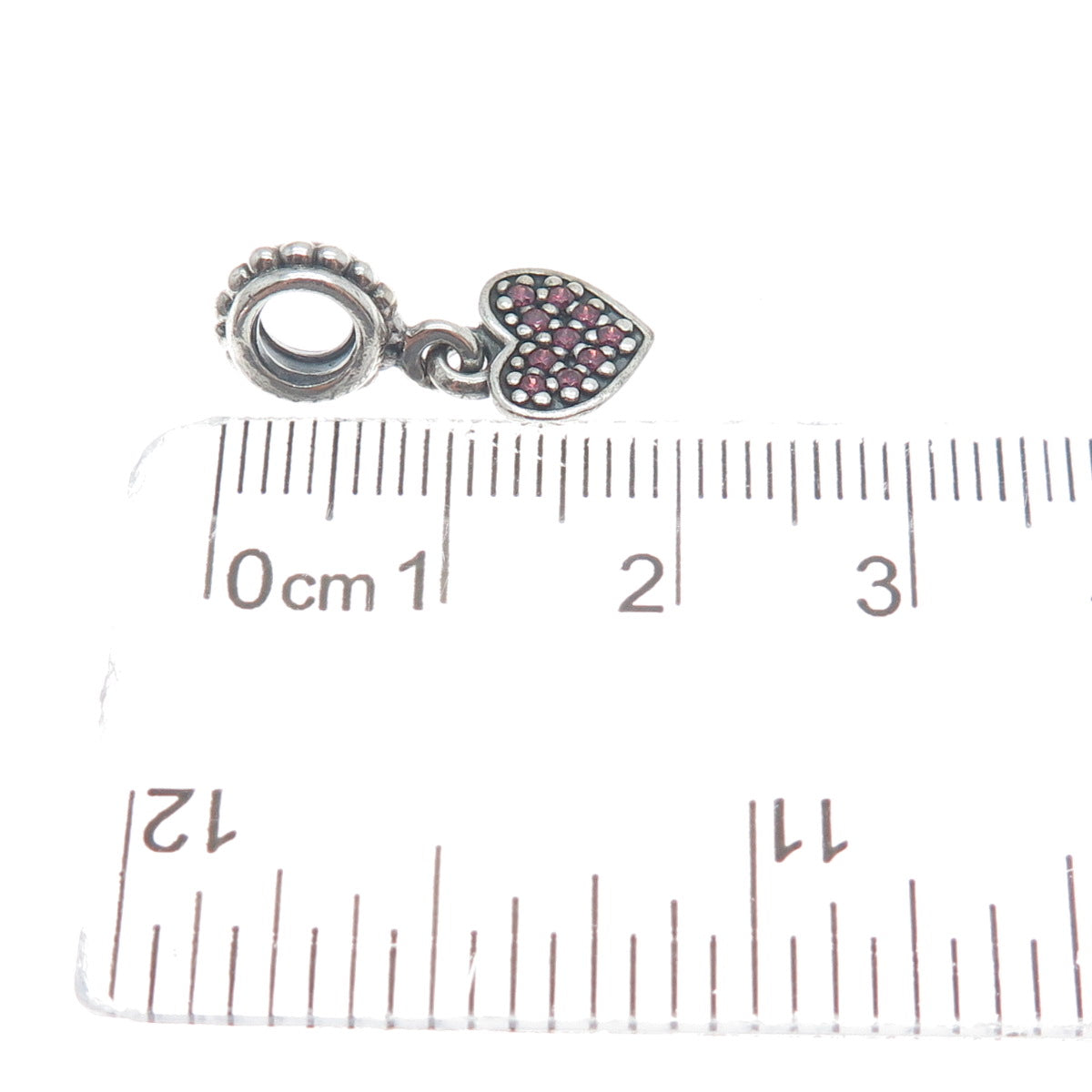 PANDORA 925 Sterling Silver Pink Round-Cut Shaped C Z Heart Dangle Charm