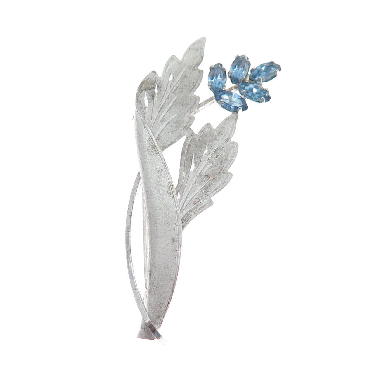 CURTIS CURTMAN 925 Sterling Silver Vintage Blue Rhinestone Flower Leaf Brooch