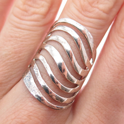 925 Sterling Silver Vintage Modernist Wavy Multi-Row Oxidized Ring Size 6.75