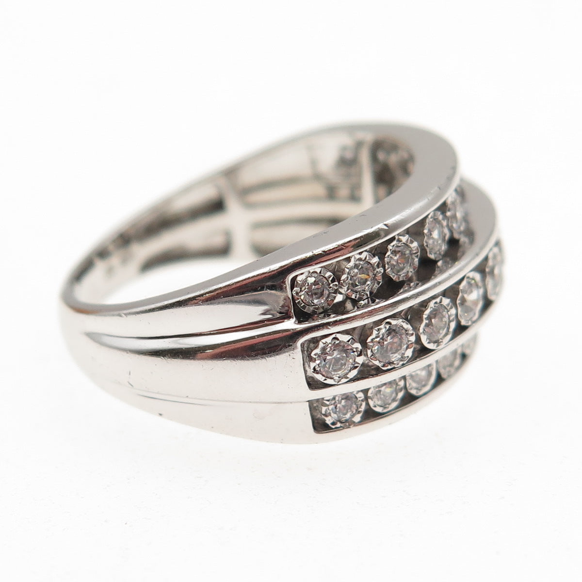 925 Sterling Silver Round-Cut C Z 3-Row Ring Size 7.25