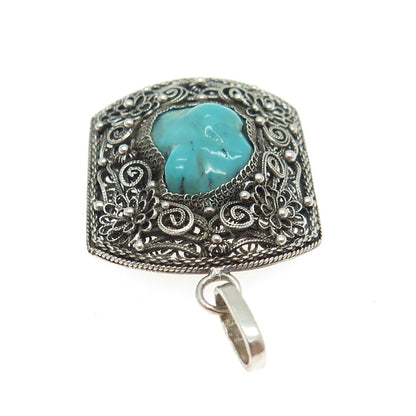 925 Sterling Silver Antique Art Deco Real Turquoise Gem Filigree Floral Pendant