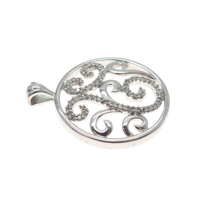 HN HENG NGAI 925 Sterling Silver Real Round-Cut Diamond Scroll Charm Pendant