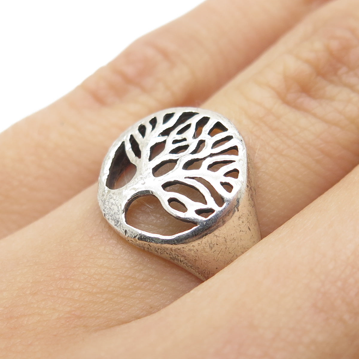 925 Sterling Silver Vintage Tree of Life Oxidized Signet Ring Size 6.75