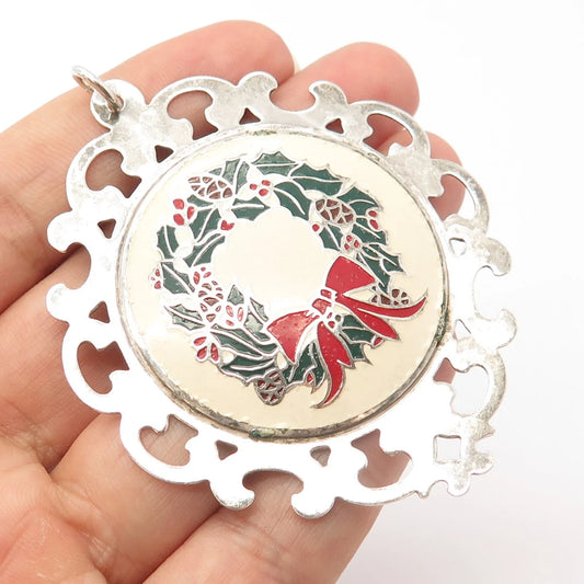 925 Sterling Silver Vintage Lunt Enamel Merry Christmas 1978 Ornate Pendant