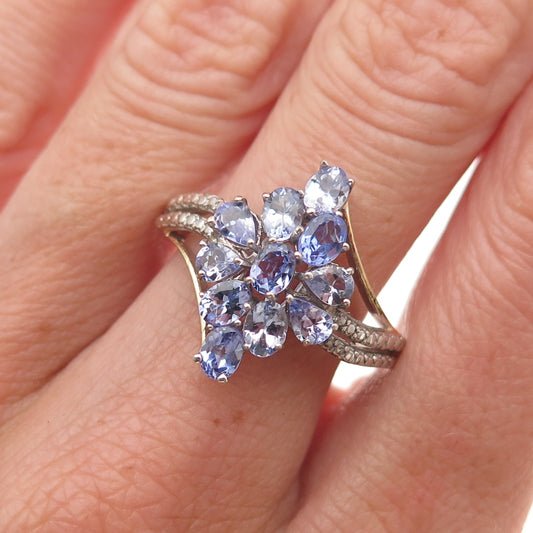 Chuck Clemency 925 Sterling Silver Real Tanzanite Floral Cluster Ring Size 8.25